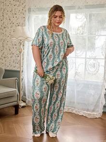 CottageSlumber Floral Print Lace Trim Short Sleeve Long Pants Plus Size Pajama Set - Green - View 6