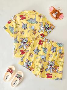 TOM & JERRY X SHEIN 女童卡通印花短袖上衣與短褲家居服 - 黃色 - 查看 2