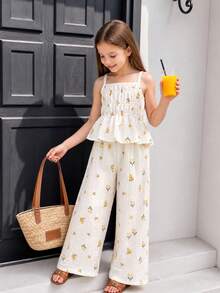 SHEIN Elladie kids 两件套少女可爱甜美吊带背心和阔腿裤套装，黄色碎花印花，休闲度假沙滩装 - 黃色 - 查看 4