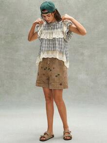 Bohemela Blusa holgada de mujer con contraste de encaje y estampado de cuadros en tejido informal - Azul y blanco - Ver 7