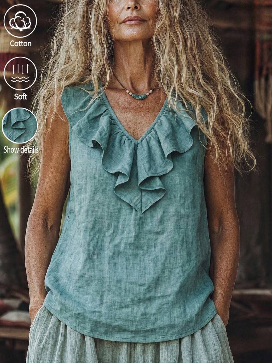 Zayélia Summer Casual Ruffle Sleeveless Blouse - Blue - View 1