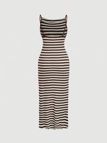 SHEIN MOD Vestido de fiesta casual a rayas con tirantes largos para mujer - Marrón Chocolate - Ver 3