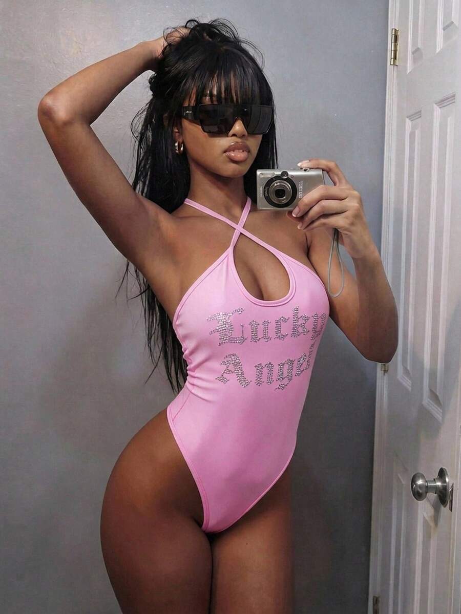 Amplova Women's Letter Rhinestone Fashion Sexy Halter Bodysuit Night Out Going Out Club Pink Summer - Pink - View 1
