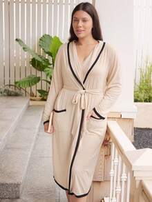 Doze Lane Minimalist Elegant Colorblock Patchwork Comfortable Lazy Women's Casual Plus Size Robe Night Wedding Night Wedding Guest Guest Beige Autumn - Khaki - View 5