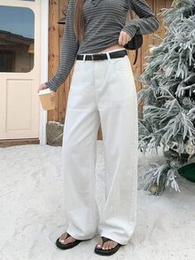 Livesso 女式常规中腰直筒宽松休闲牛仔裤 - 白色 - 查看 9