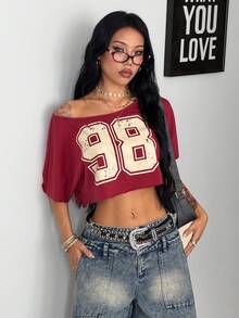 Coolane Women's Spring/Summer Streetwear Chic Y2K Daily Wear Everyday Graphics Asymmetrical Neck Crop T-Shirt Dark Red - Red - View 7