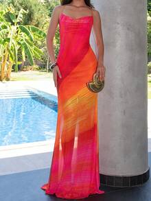Bris Aura Nouvelle robe longue bohème style vacances avec imprimé dégradé arc-en-ciel sur maille, dos nu, robe de remise des diplômes, style bohème, imprimé dégradé arc-en-ciel sur maille pour fête - Rouge - Voir 7