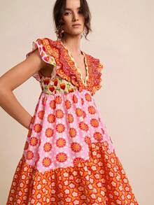 LOTSLUV Women's Spring/Summer Pink Floral Patchwork Contrast Print V-Neck Ruffle Waist A-Line Short Dress Vacation Boho - Yellow - View 1