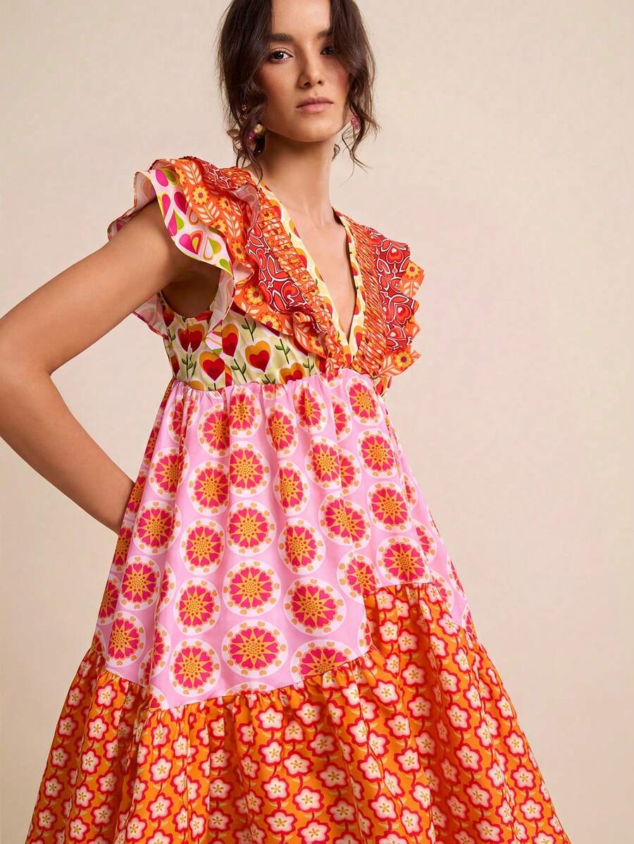 LOTSLUV Women's Spring/Summer Pink Floral Patchwork Contrast Print V-Neck Ruffle Waist A-Line Short Dress Vacation Boho - Yellow - View 1