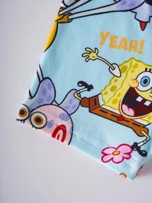 SpongeBob SquarePants | SHEIN 男嬰卡通印花上衣與短褲套裝 貼身居家休閒服 - 藍色 - 查看 6