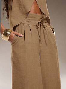 Normani Women's Solid Color Pleated Sexy Tropical Elegant Halter Neck Tank Top And Pocket Textured Long Pants 2 Pieces Set Beach Dinner Vacation Khaki Summer - Khaki - View 3