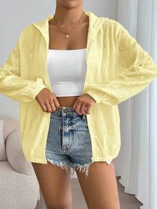 SHEIN Essnce 女款休閒純色連帽夾克 - 淡黃色 - 查看 5