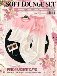 Resyla Regular Fit Crew Neck Short Sleeve T-Shirt + Straight Leg Pants With Slant Pockets - Pink - View 6