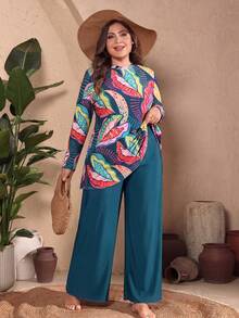 Swim Mulvari 2026 New Plus Size Women Tropical Plant Print Matching Solid Color Pants 2 Pieces Set Suitable For Beach Vacation Filipiniana Sky Blue Teal Summer - Multicolor - View 1