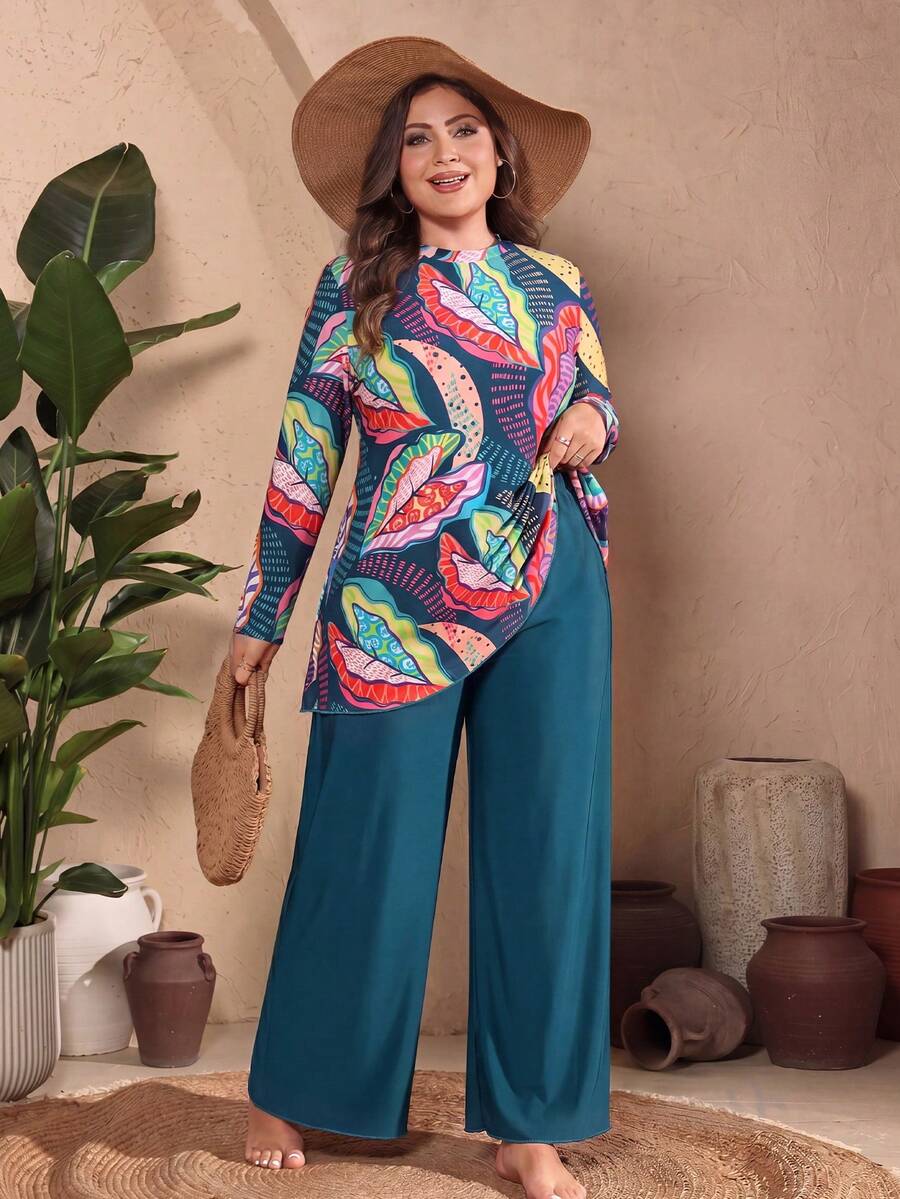 Swim Mulvari 2026 New Plus Size Women Tropical Plant Print Matching Solid Color Pants 2 Pieces Set Suitable For Beach Vacation Filipiniana Sky Blue Teal Summer - Multicolor - View 1