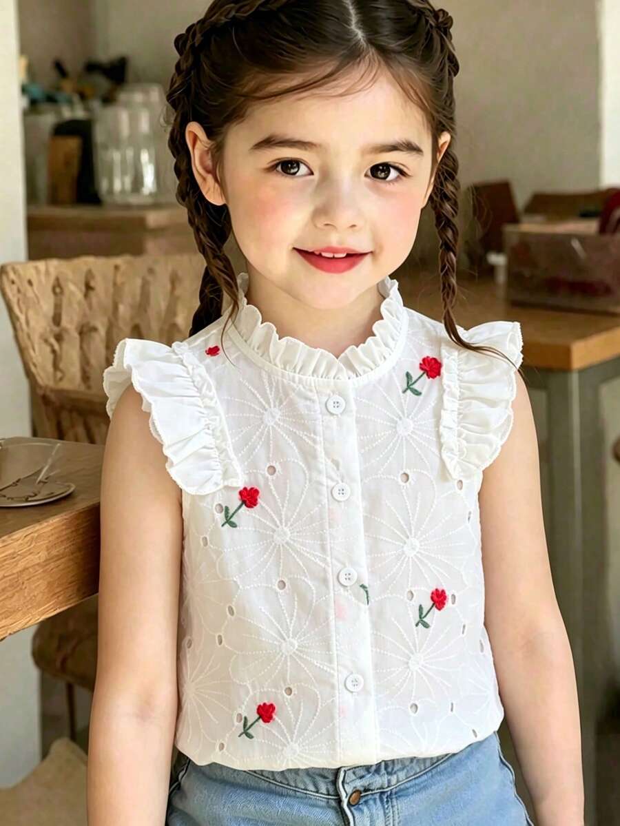 Souflis Souflis 女童夏季返校季 4Y-7Y 白色時尚休閒荷葉邊無袖鈕扣襯衫，舒適柔軟通勤風，適合春夏外出，可作為禮物贈送