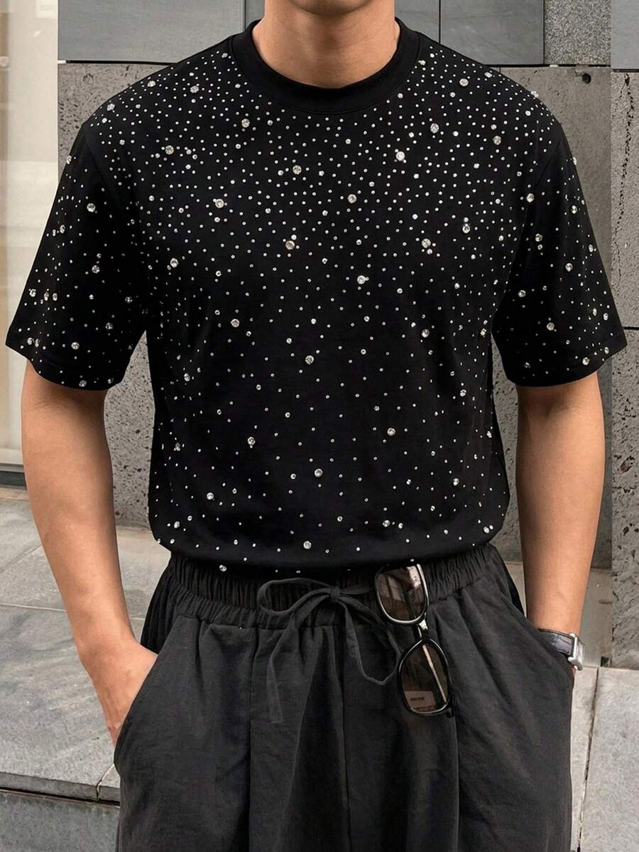 DAZY Black Rhinestone Embellished Loose Short Sleeve Men's T-Shirt Summer - Black - View 1