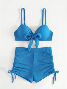 Swim SXY 女款夏季海灘純色前綁帶性感時尚比基尼兩件式泳衣套裝 - 藍色 - 查看 5