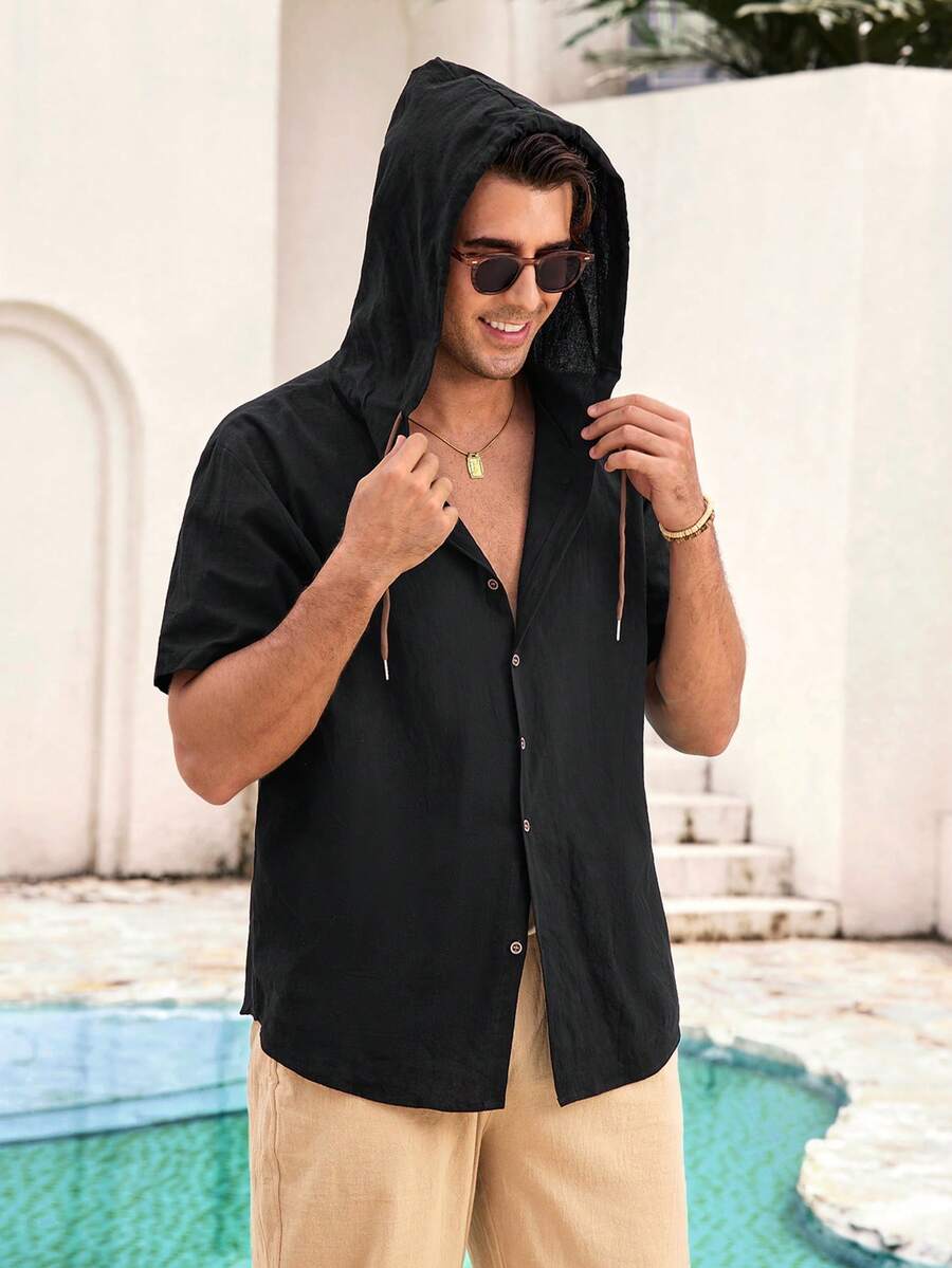 Mercer Haus Men's White Short Sleeve Hooded Button-Up Shirt, Breathable Fabric, Fashionable Layering Piece, Suitable For Casual And Daily Wear In Summer - Black - View 1