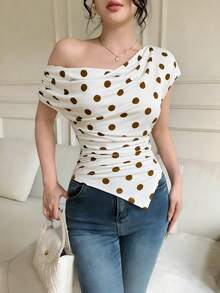 Celisse Women's Fashion Vacation Polka Dot Print Ruffle Asymmetric Hem T-Shirt - Khaki - View 1