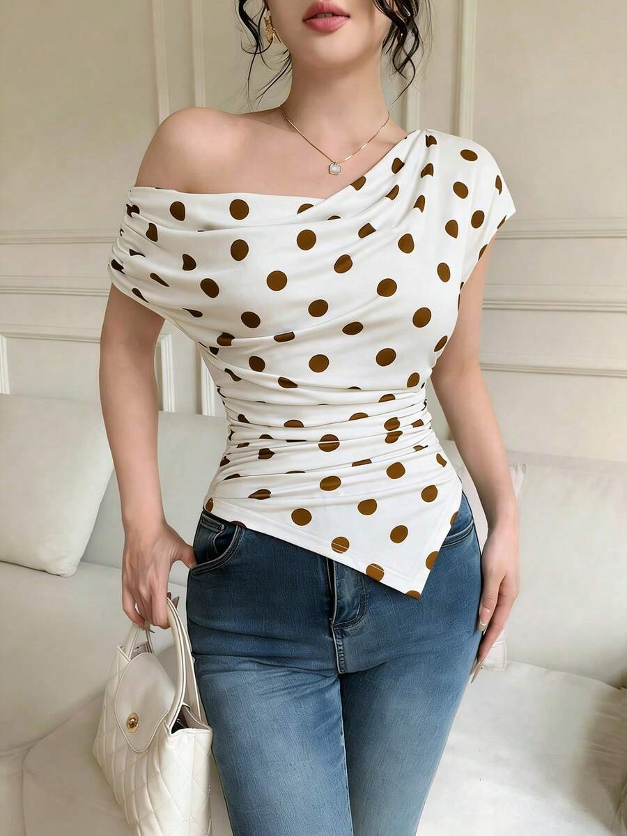 Celisse Women's Fashion Vacation Polka Dot Print Ruffle Asymmetric Hem T-Shirt - Khaki - View 1