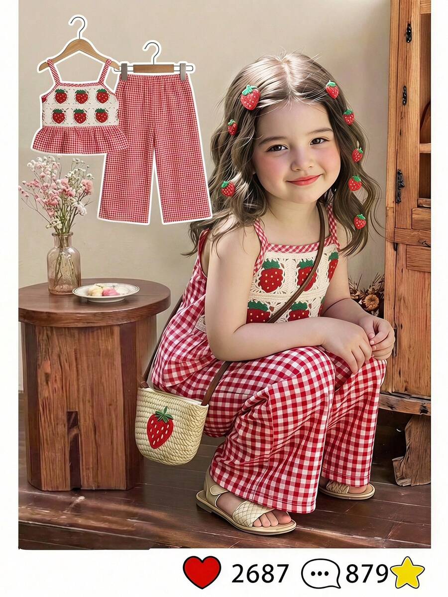 SHEIN Young Girl Young Girl Woven Solid Color Camisole Top And Long Pants 2 Pieces Set - Red - View 1