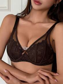 DAZY Mesh & Contrast Lace Lightweight Padded Sexy Bra - Coffee Brown - View 10
