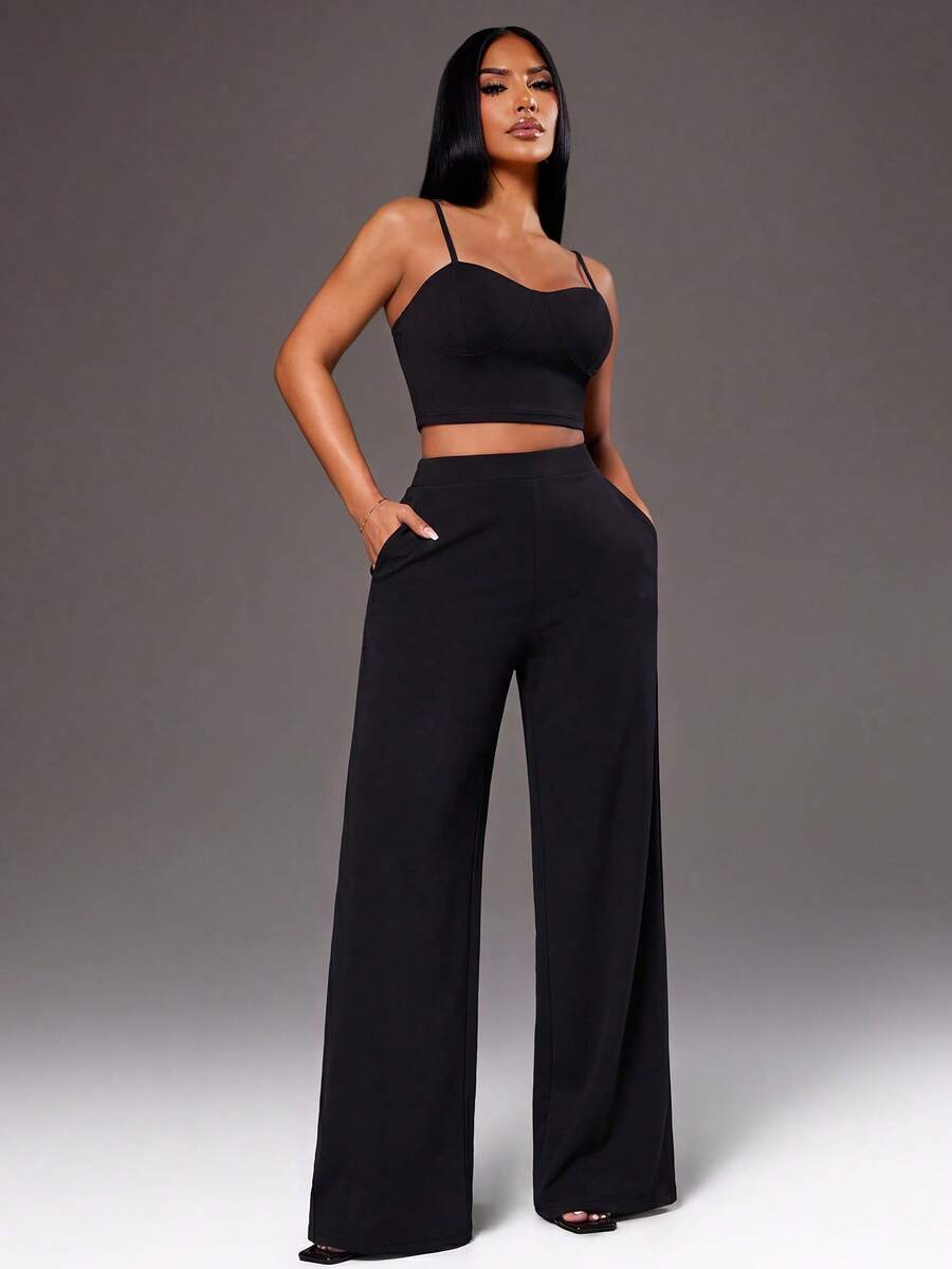 Radiana Women's Solid Color Cropped Tank Top Long Pants 2 Pieces Set Date Night Black Summer Sexy Night Out