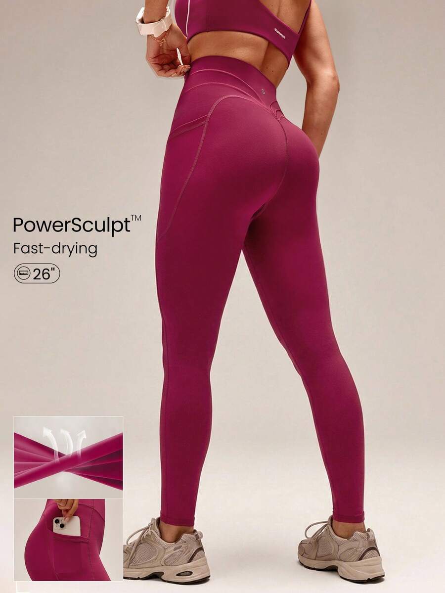 GLOWMODE 26 英寸 Powersculpt™-Air 速干吸汗训练紧身裤，带侧袋，高强度健身跑步训练 - Red Plum - 查看 1