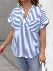 EMERY ROSE Plus Size Women's Striped Notch V-Neck Batwing Short Sleeve Blouse - Blue and White - View 5