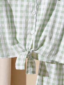 Mädchen Sommer Neues Kurzarmhemd, frisches weißes und grünes kariertes Kurzarmhemd mit Kragen und weite Hose Set, lässiges Mode Outfit - Grün - Übersicht 4