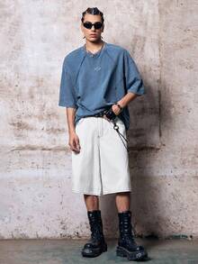Skyrend Men White Summmer Streetwear City Break Vintage Loose Wide Leg Denim Shorts,Rivet Design,Letter,Music Note & Smiling Face Prints Casual Daily Wear - White - View 4