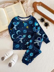 LMoss Kids Ensemble 2 pièces de vêtements de détente pour bébé garçon, t-shirt ajusté à col ras-du-cou avec motif astronaute mignon tricoté et pantalon long - Bleu azur - Voir 5