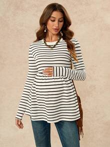 Boho Mama Maternity Striped Round Neck Long Sleeve Ruffle Hem Casual Maternity T-Shirt Photoshoot White Autumn Fall - Black and White - View 8