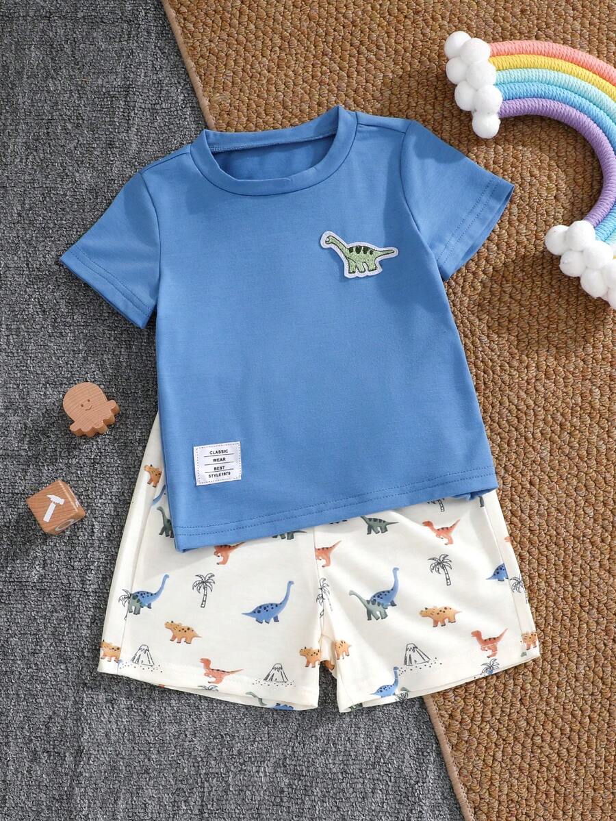 SHEIN Playful Pals 2件組男嬰套裝 卡通熊裝飾領短袖開襟衫 & 印花短褲上衣 & 螺紋布料衣物 夏季
