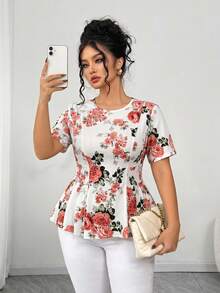 Elenzga Blus Wanita Ukuran Besar Elegan Kasual Serbaguna Leher Bulat Lengan Pendek Model Mengembang, Musim Semi/Panas - MultiWarna - View 4
