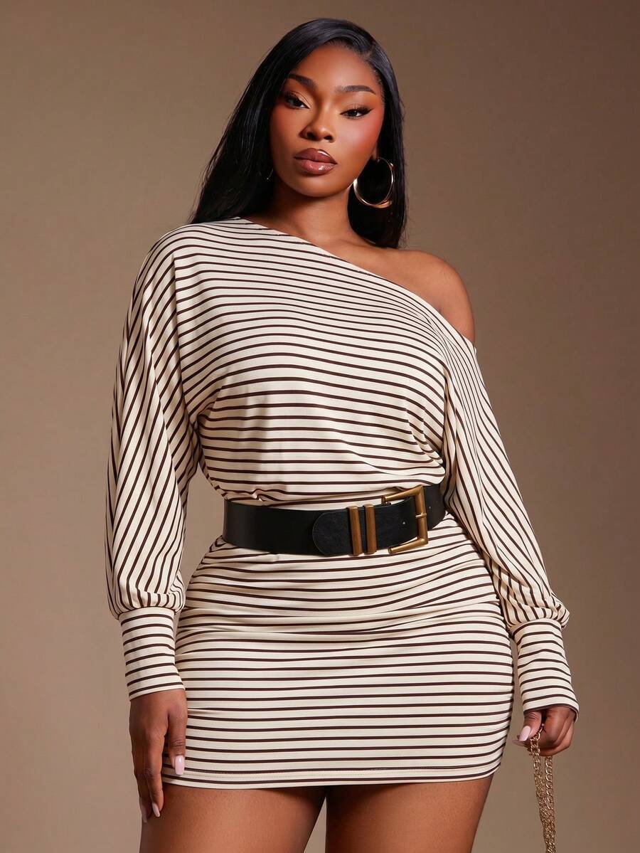 Radiana Curve Plus Size Striped Asymmetric Collar Mini Dress Fall - Khaki - View 1