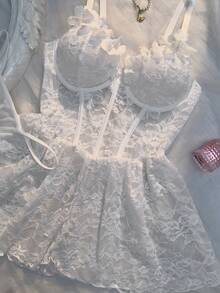 Crystal Vow Plus Size Sexy Bridal Lace Mesh A-Line Dress With 3D Floral Decor Spaghetti Strap Dress 2pcs Set - White - View 5