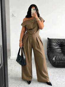 POPSWAY Plus Size Women's Fashion Design Asymmetrical One-Shoulder Top And High-Waisted Wide Leg Pants 2-Piece Set, Elegant Suit Style, Sophisticated Elegant, Summer Cool Chic Outfit - Khaki - View 9