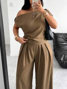 POPSWAY Plus Size Women's Fashion Design Asymmetrical One-Shoulder Top And High-Waisted Wide Leg Pants 2-Piece Set, Elegant Suit Style, Sophisticated Elegant, Summer Cool Chic Outfit - Khaki - View 6