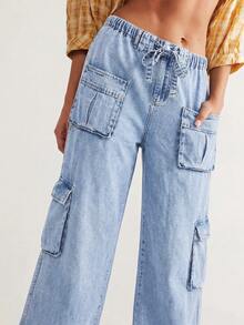 Bohemela 大尺碼女款工裝口袋寬腿寬鬆休閒牛仔長褲 - 藍色 - 查看 7