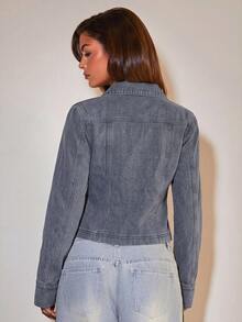 COSMINA Denim Women's Casual Washed Front Button Cropped Denim Top Daytime Everyday Going Out Holiday Grey Blue Autumn - Navy Blue - View 2