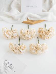 1 Bouquet (6 Pcs) Artificial Mini Rose Buds, Letter DIY Wreath Materials, Candy Box Accessories, Home Wedding Decor, Bride Wrist Corsage, Chest Flower, Headpiece Materials, Valentine's Day, New Year, Birthday Party, Cake Decorations - Beige - View 2