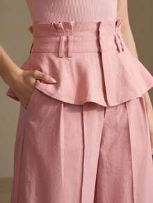 Anewsta Spring/Summer Dusty Pink High-Waist Ruffle Hem Casual Elegant Commute Date Everyday Versatile Wide Leg Women's Jeans - Pink - View 1