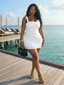 Slaydiva Summer Fitted Square Neck Sleeveless Backless A-Line Short Dress For Women Vacation White Tropical Vacation Tropical - White - View 2