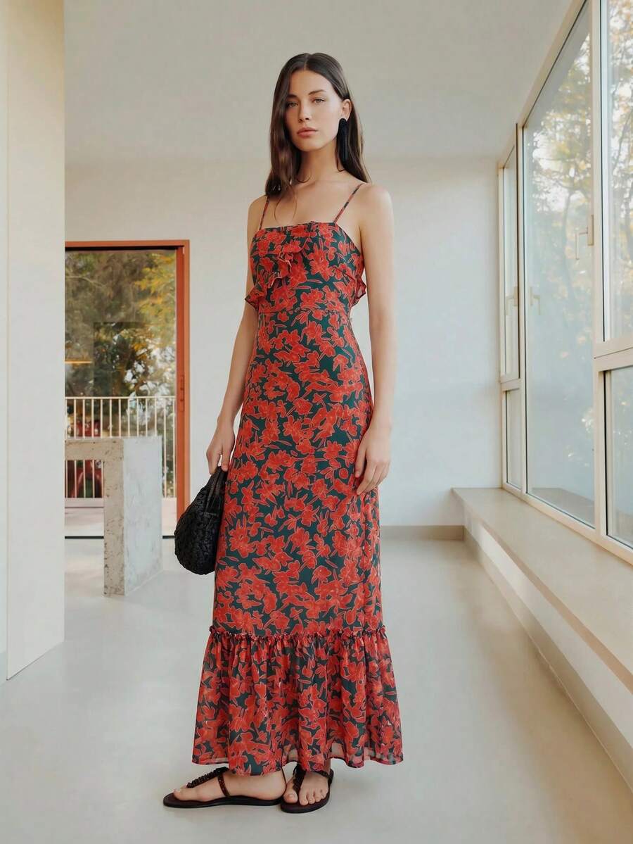 Nöista 花卉印花長洋裝,胸前單層荷葉邊,下襬大荷葉邊拼接,女款夏季春季穿搭,節慶婚禮畢業伴娘禮服,舞會禮服晚禮服,生日女裝,優雅度假奢華外出穿搭,適合婚禮、派對、節慶、假期、夏天 - 彩色 - 查看 1