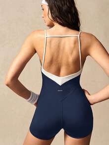 VARSIVA Women's Colorblock Backless Spaghetti Strap Sports Romper - Navy Blue - View 4