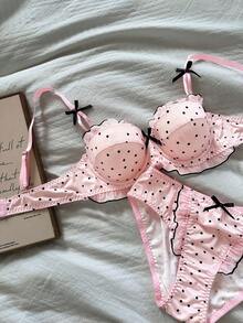 Napfluff Set Bra Push-Up Setengah Cup Motif Polkadot Pink & Hitam dengan Pita untuk Wanita - Coral Pink - View 6