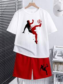 Set Kaos Lengan Pendek Kerah Bulat Minimalis Kasual dan Celana Pendek untuk Remaja Laki-laki, Cocok untuk Olahraga Musim Panas, Set Pakaian Bergambar yang Nyaman dan Lembut. - MultiWarna - View 4