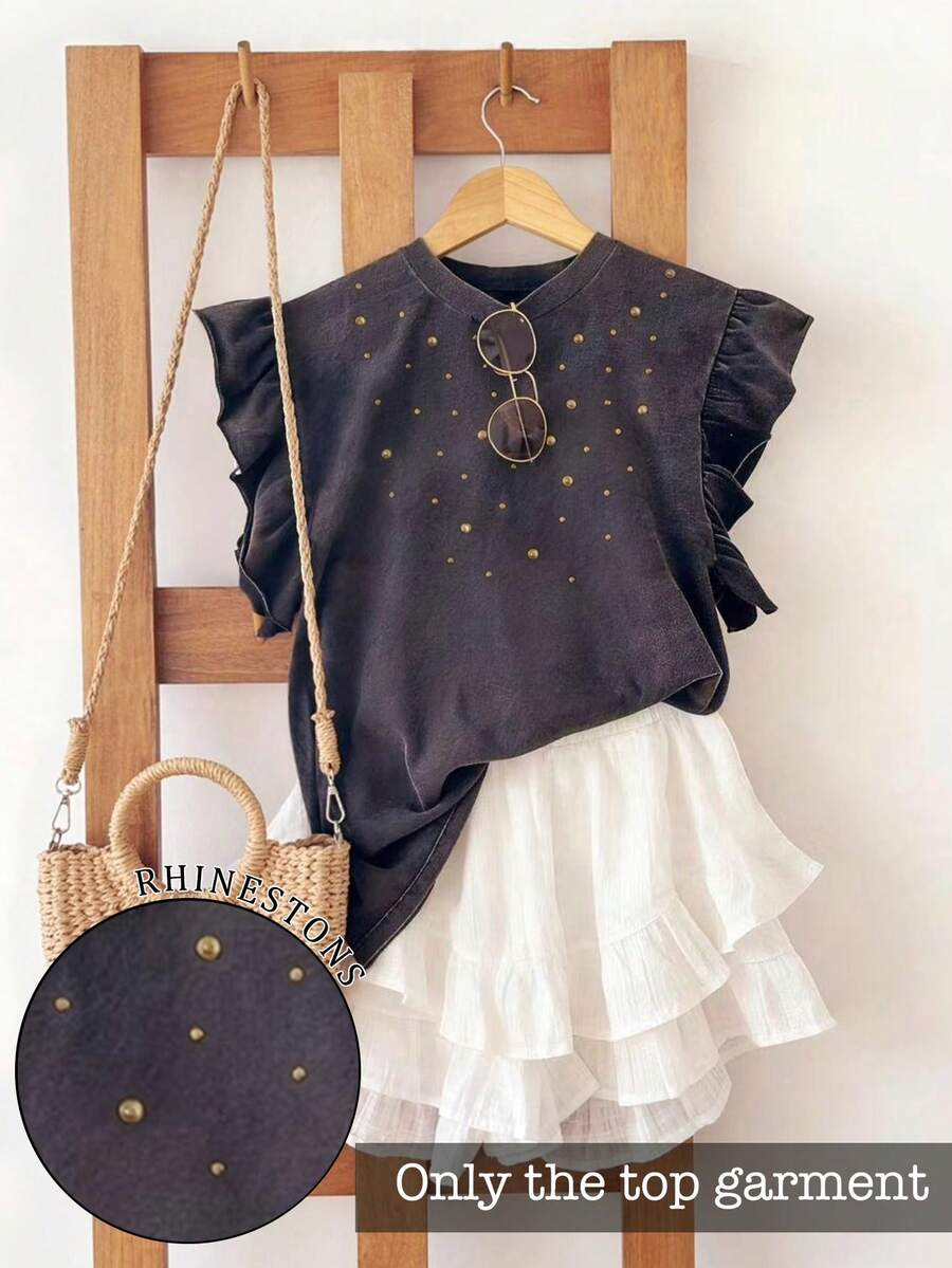 Resyla Shiny Rhinestone Embellished Fashionable Minimalist Women's Ruffle Cuff Round Neck T-Shirt, Gift For Friends - Black - View 1